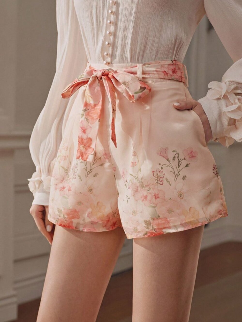 Multicolor Boho Women's Floral Print Fabric A-Line Pocket Shorts - Picture 4 of 6